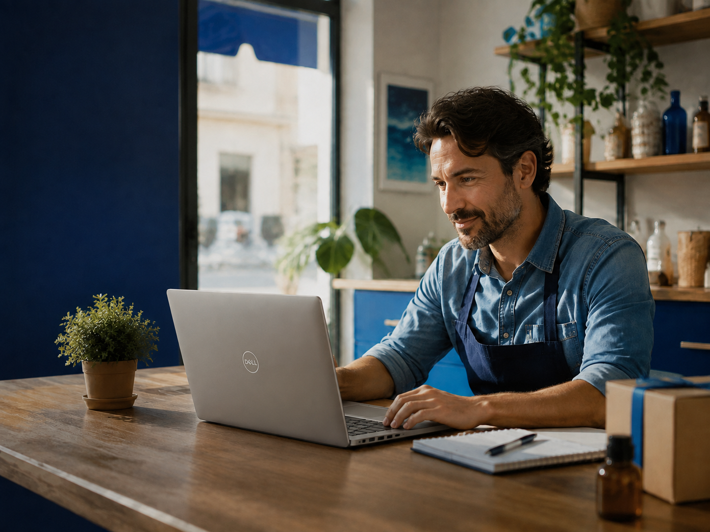 Propietario de una pequeña empresa trabajando con su web